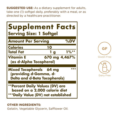 Solgar Vitamin E 670 mg (1000 IU) - 100 Softgels, Pack of 2 - Naturally Sourced - Gluten Free, Dairy Free - 200 Total Servings