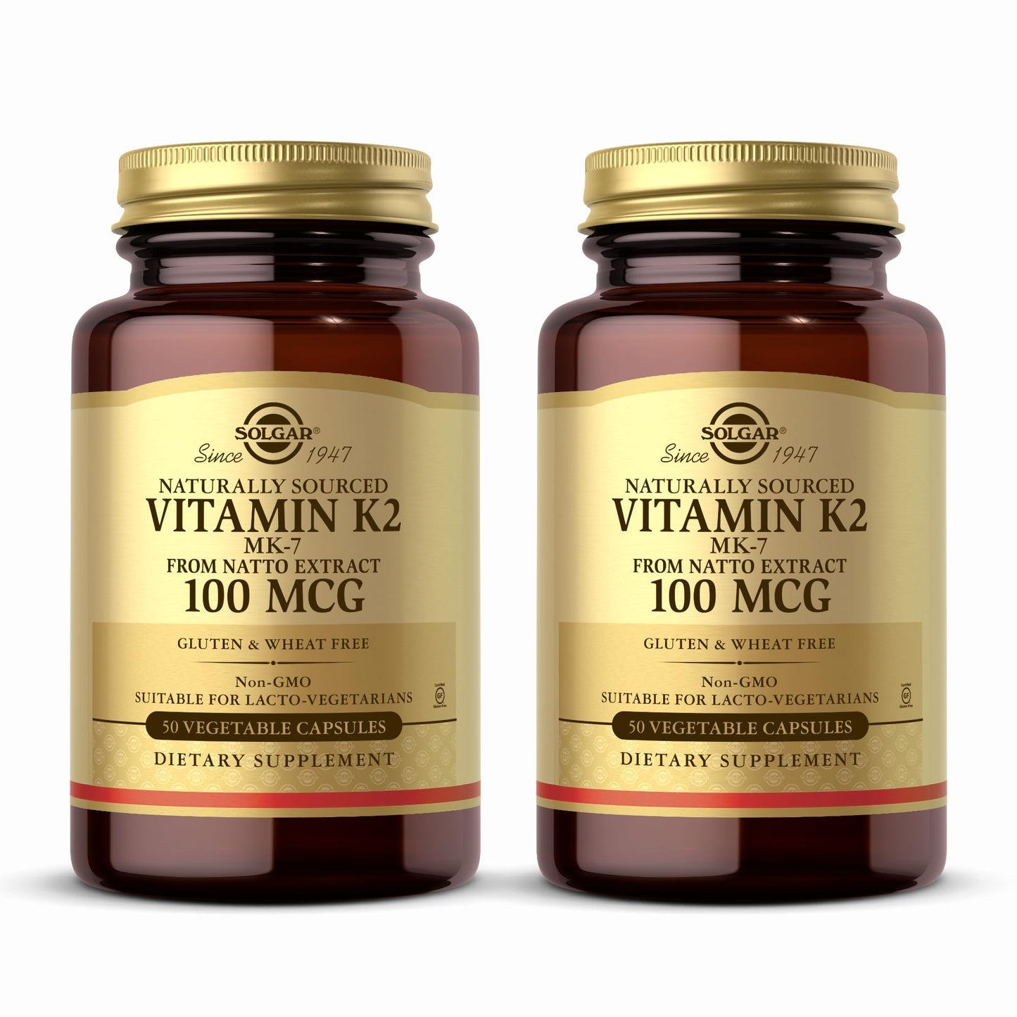 Solgar Vitamin K2 MK-7 100 mcg – 100 Servings (2 x 50 Veg Capsules) – Natto Whole Food, Gluten Free, Non-GMO