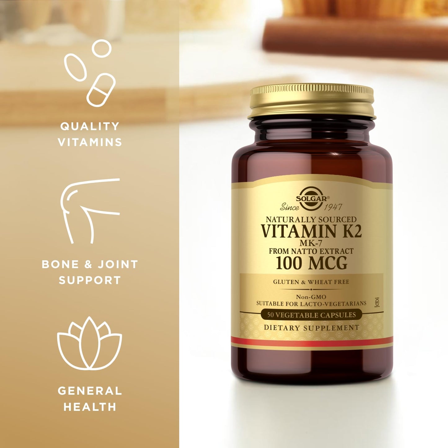 Solgar Vitamin K2 MK-7 100 mcg – 100 Servings (2 x 50 Veg Capsules) – Natto Whole Food, Gluten Free, Non-GMO