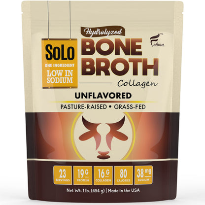 Solo Bone Broth Protein Powder – Low Sodium, Hydrolyzed Collagen I & III, Grass-Fed, 1 lb