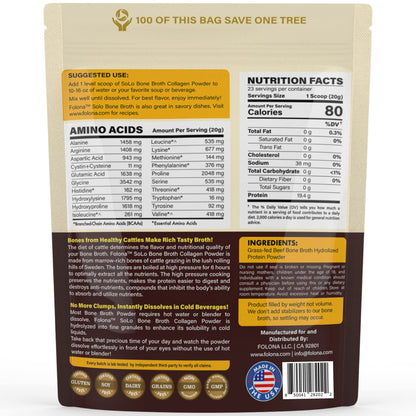 Solo Bone Broth Protein Powder – Low Sodium, Hydrolyzed Collagen I & III, Grass-Fed, 1 lb