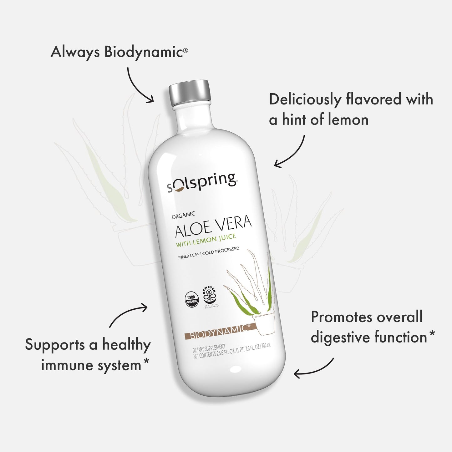 Solspring Biodynamic Organic Aloe Vera Juice with Lemon – 700 mL (23.6 fl oz), USDA Organic, Unpasteurized | Dr. Mercola