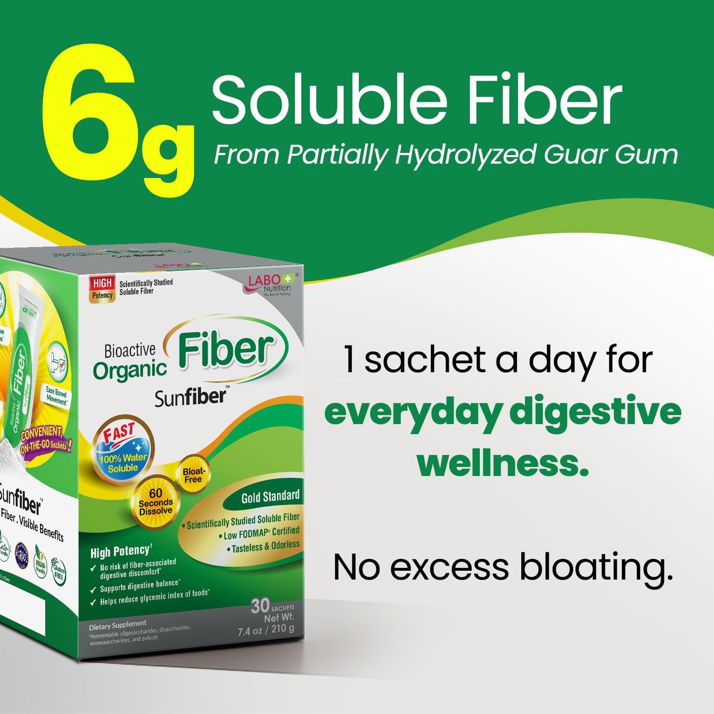 LABO Nutrition Bioactive Organic Fiber – Sunfiber PHGG Prebiotic Fiber for Digestive Health, 30 Sachets