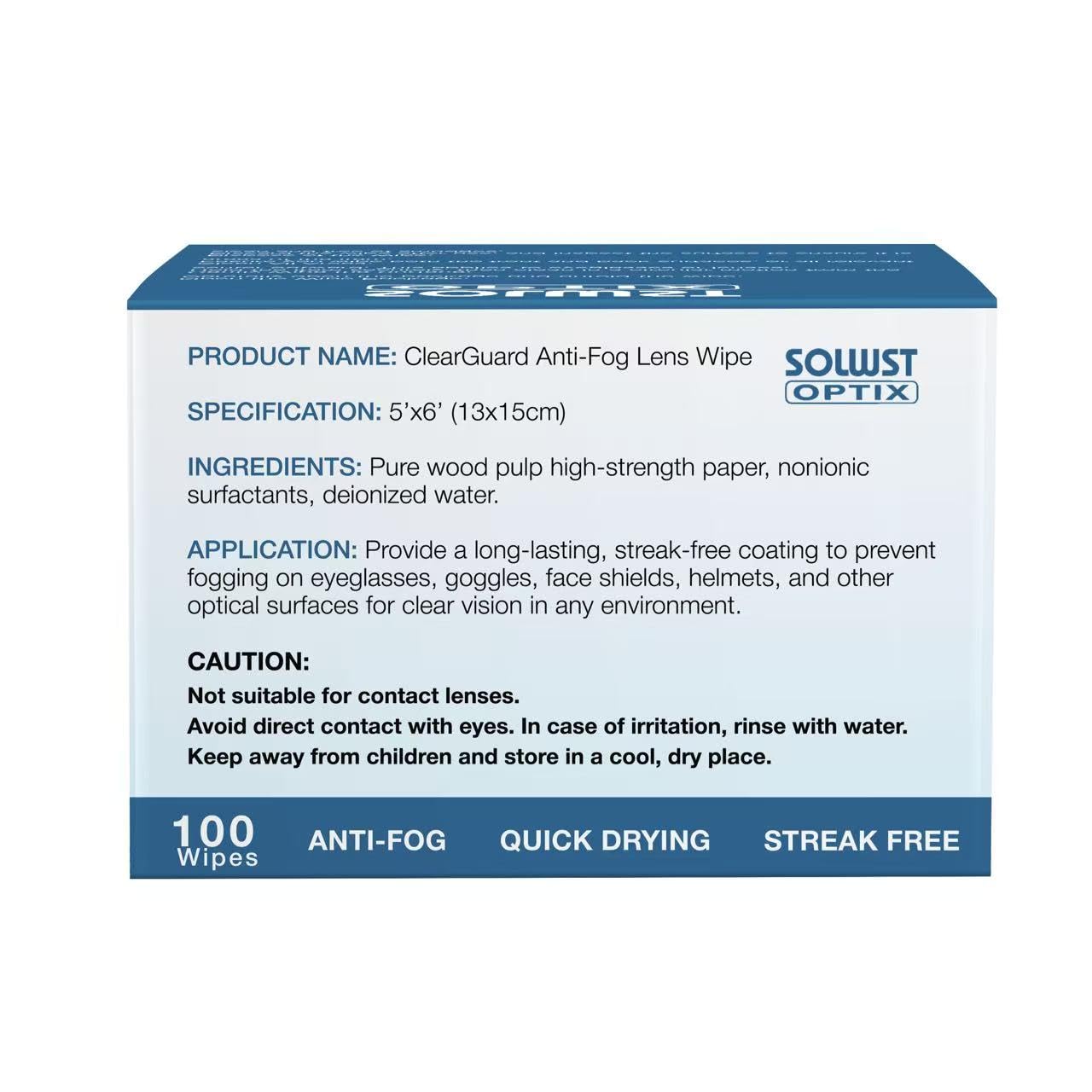 SOLWST Optix Clear Guard Anti-Fog Lens Wipes – 100 Pre-Moistened, Individually Wrapped