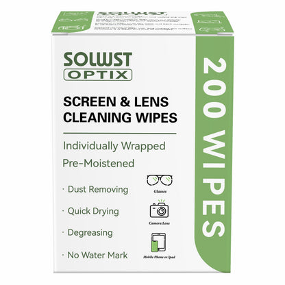 SOLWST Optix Lens Cleaning Wipes - 200 Pre-Moistened, Individually Wrapped Wipes for Eyeglasses, Lenses, Tablets & Screens