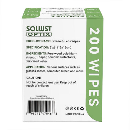 SOLWST Optix Lens Cleaning Wipes - 200 Pre-Moistened, Individually Wrapped Wipes for Eyeglasses, Lenses, Tablets & Screens