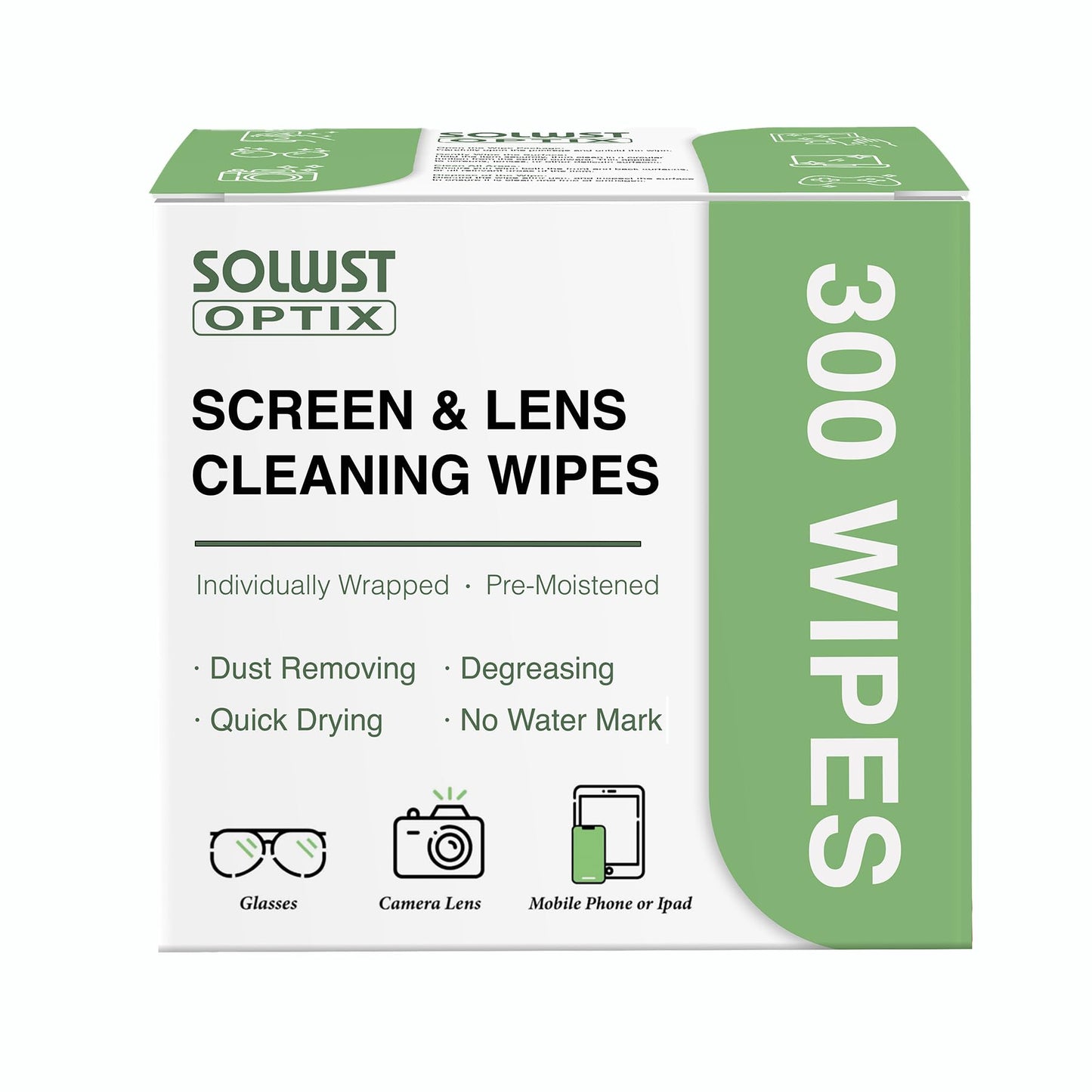 SOLWST Optix Lens Cleaning Wipes – 300 Pre-Moistened, Individually Wrapped for Glasses, Lenses & Screens