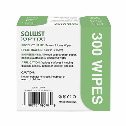 SOLWST Optix Lens Cleaning Wipes – 300 Pre-Moistened, Individually Wrapped for Glasses, Lenses & Screens