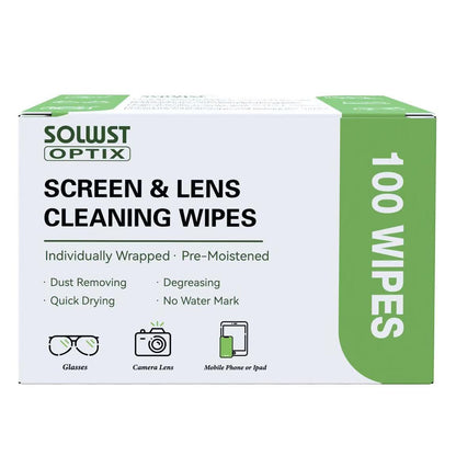 SOLWST Optix Lens Cleaning Wipes - 100 Pre-Moistened, Individually Wrapped for Eyeglasses, Lenses & Screens