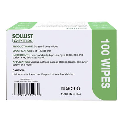 SOLWST Optix Lens Cleaning Wipes - 100 Pre-Moistened, Individually Wrapped for Eyeglasses, Lenses & Screens