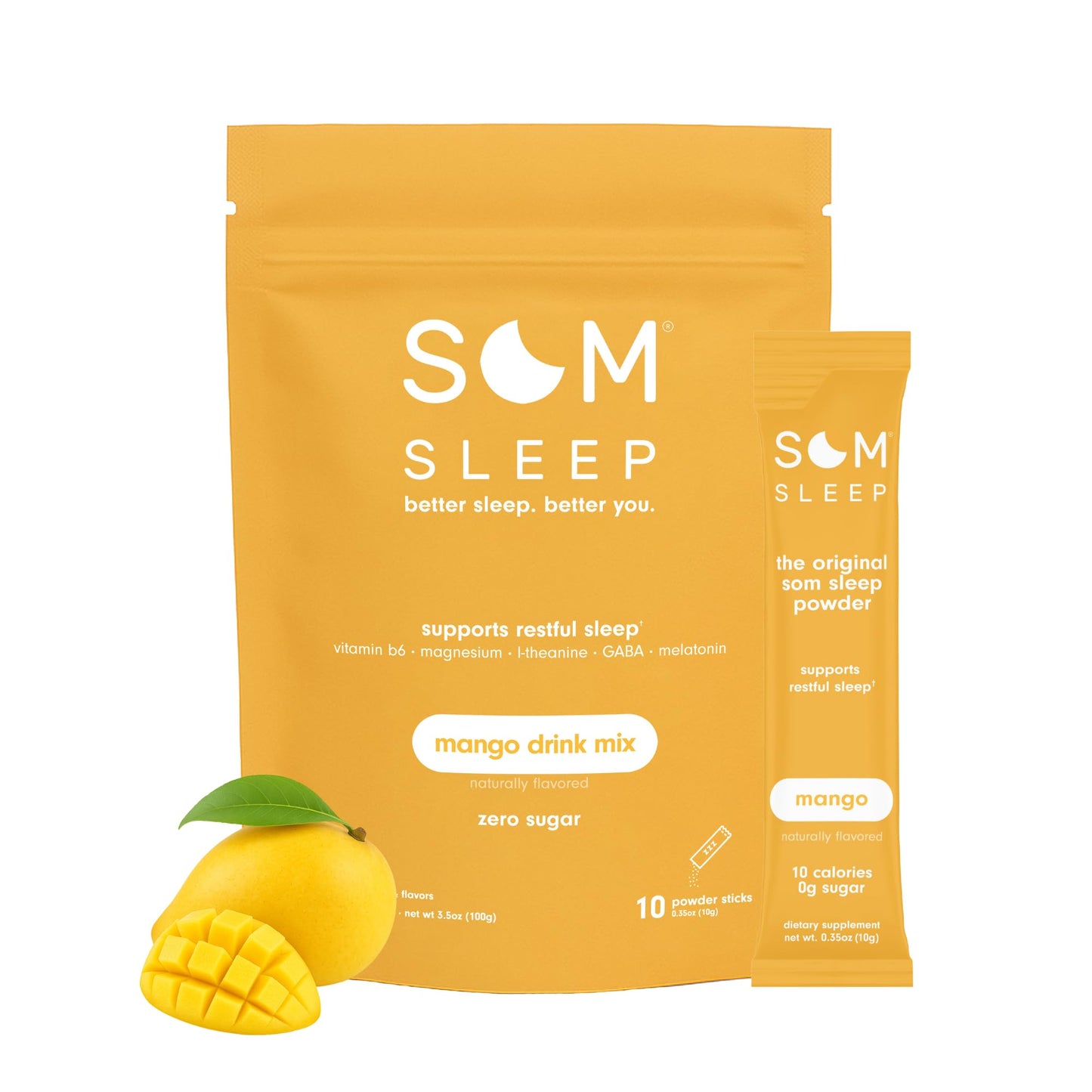Som Sleep Mango Sleep Aid Powder – 3mg Melatonin, Vegan, Zero Sugar, 10-Pack