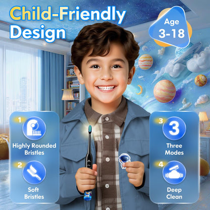 Kids Electric Toothbrush – Rechargeable Sonic Timer, 3 Modes, 4 Heads (Astronaut Black)
