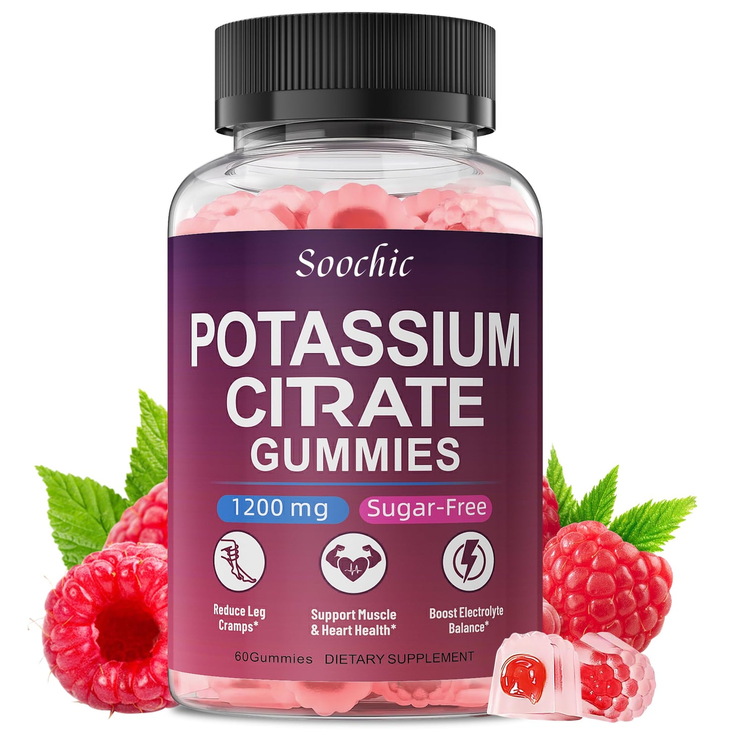 Soochic Potassium Citrate Gummies - 1200mg Potassium Chewables (60 Count) - Vegan, Gluten Free, Sugar Free - Raspberry