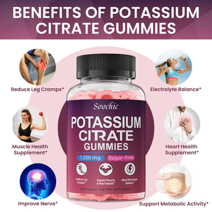 Soochic Potassium Citrate Gummies - 1200mg Potassium Chewables (60 Count) - Vegan, Gluten Free, Sugar Free - Raspberry