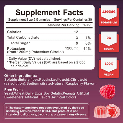 Soochic Potassium Citrate Gummies - 1200mg Potassium Chewables (60 Count) - Vegan, Gluten Free, Sugar Free - Raspberry