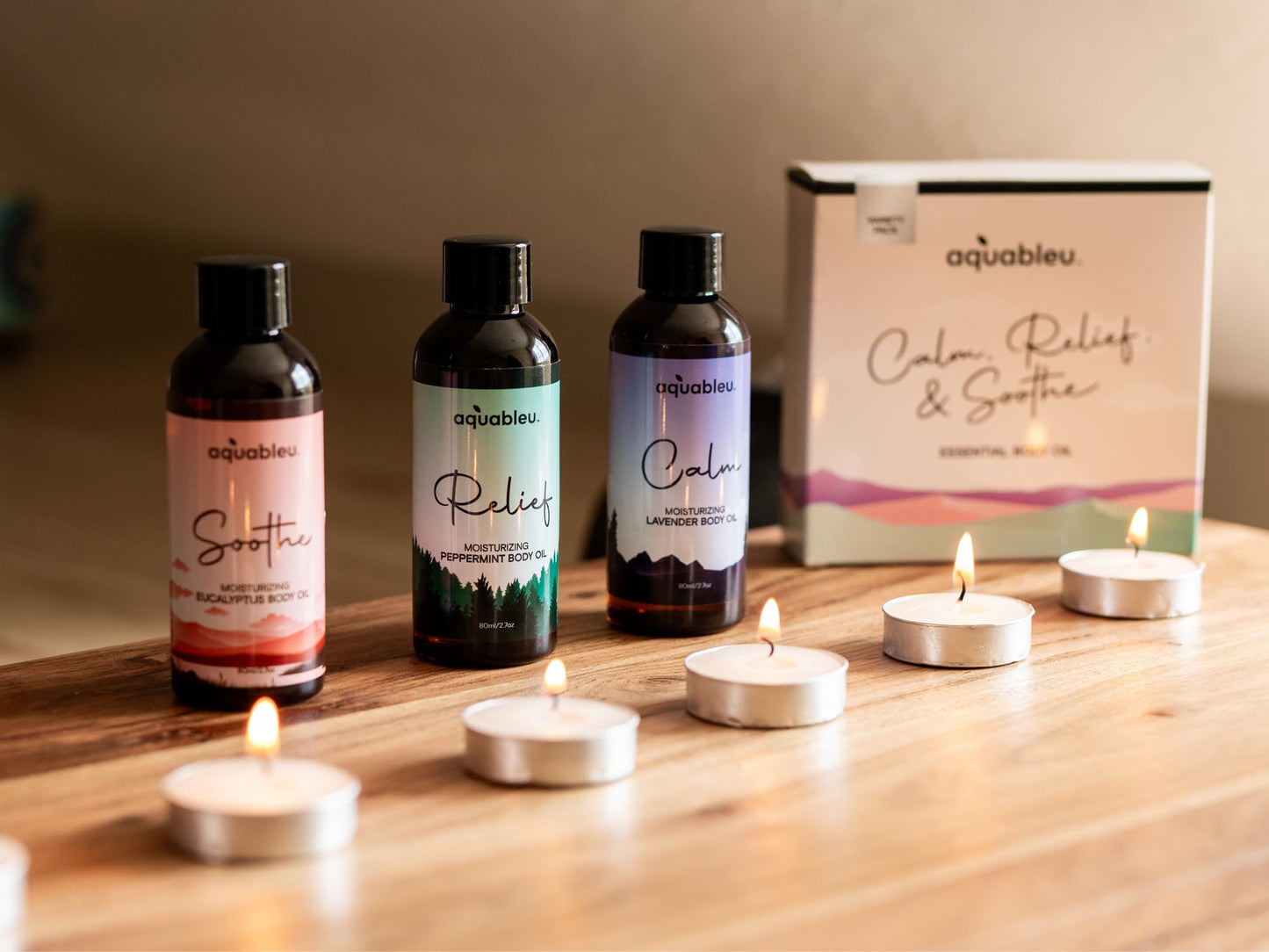 Essential Massage Oil Gift Set – Serenity Trio: Calm Lavender, Relief Peppermint, Soothe Eucalyptus (80 ml) – Beautiful Gift for Women