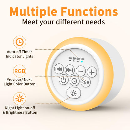 Soothing Sounds White Noise Machine — 30 Sounds, 12 Color Lights, 5 Brightness Levels, 32 Volume Levels, 4 Timers