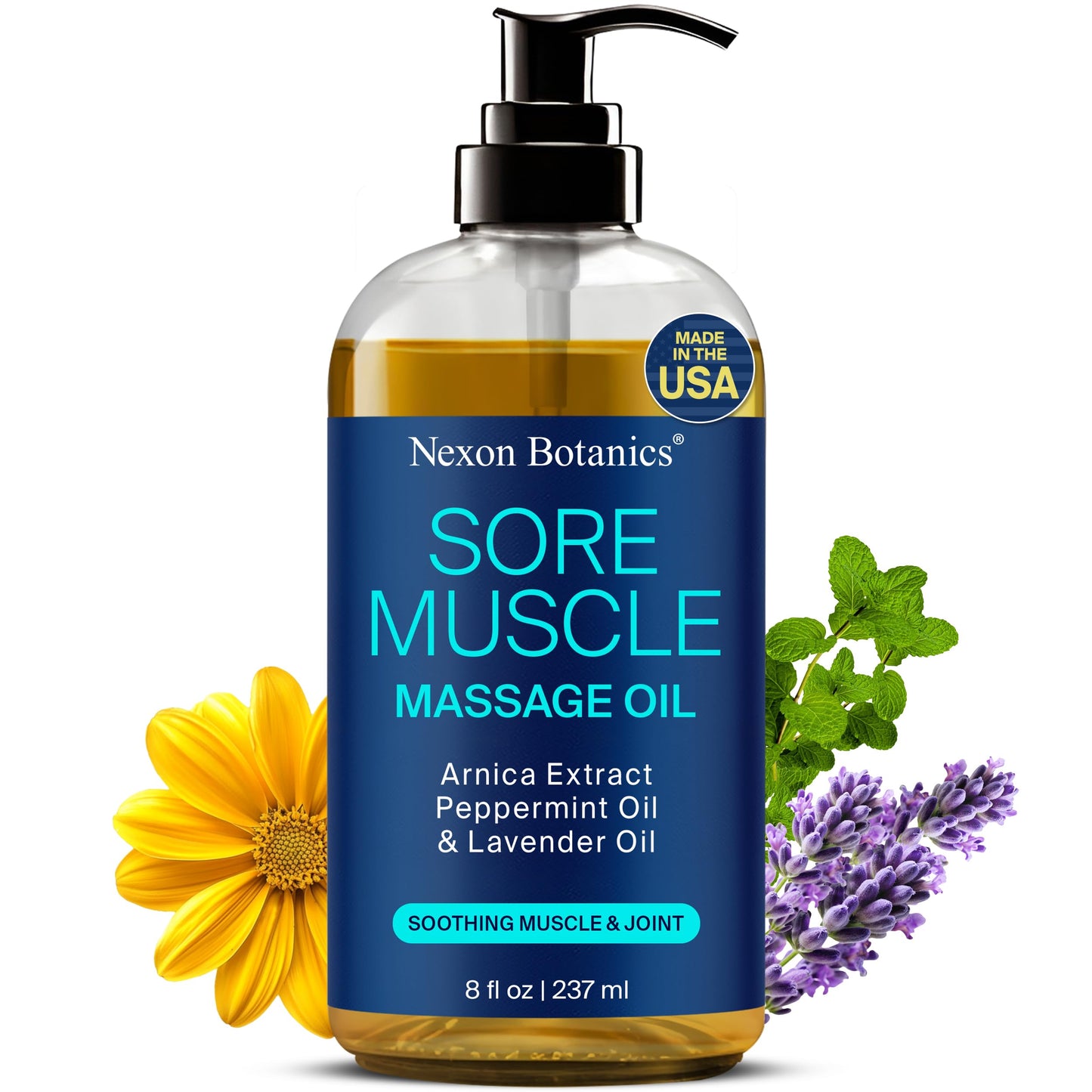 Sore Muscle Massage Oil – 8 oz with Arnica, Peppermint & Lavender | Nexon Botanics