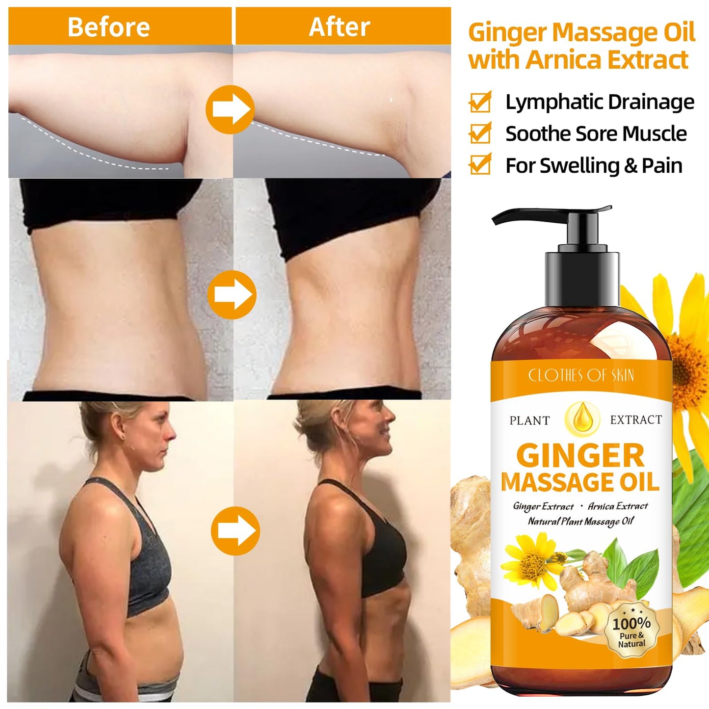 Ginger Oil Massage Oil for Therapy, Lymphatic Drainage, Sore Muscle Relief | Arnica