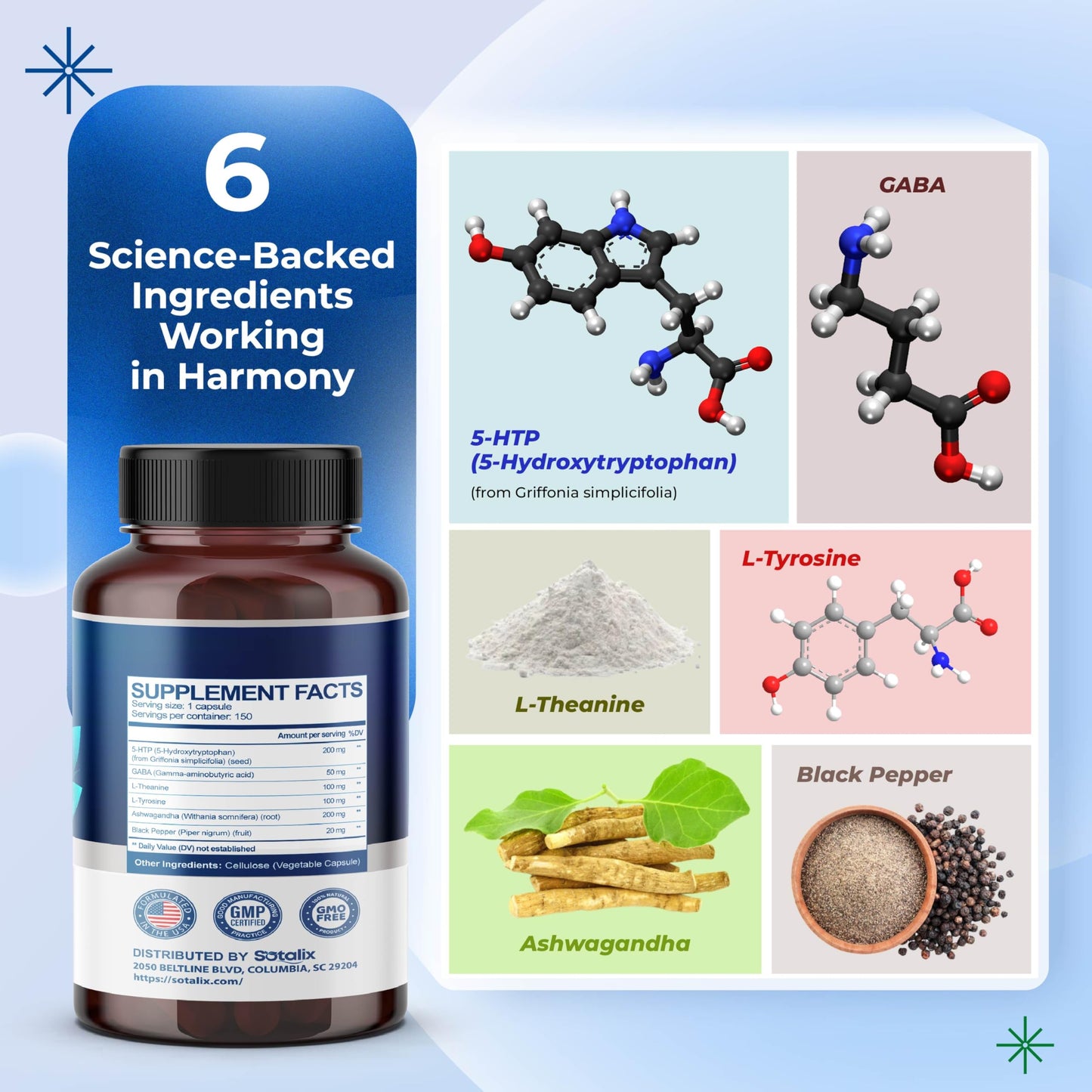 5-HTP + GABA with L-Theanine & L-Tyrosine – Mood, Focus & Sleep (USA Made)