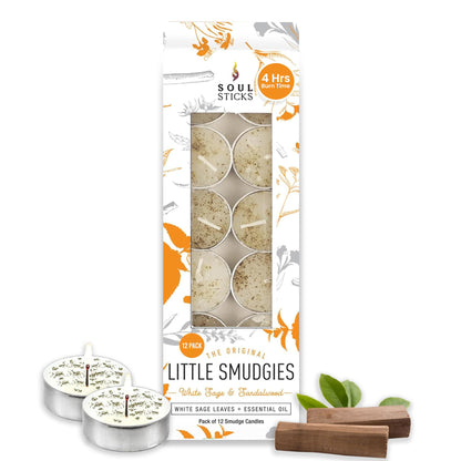 SOUL STICKS 12 Pack Little Smudgies Tealight Candles – White Sage & Sandalwood | Cleansing & Meditation