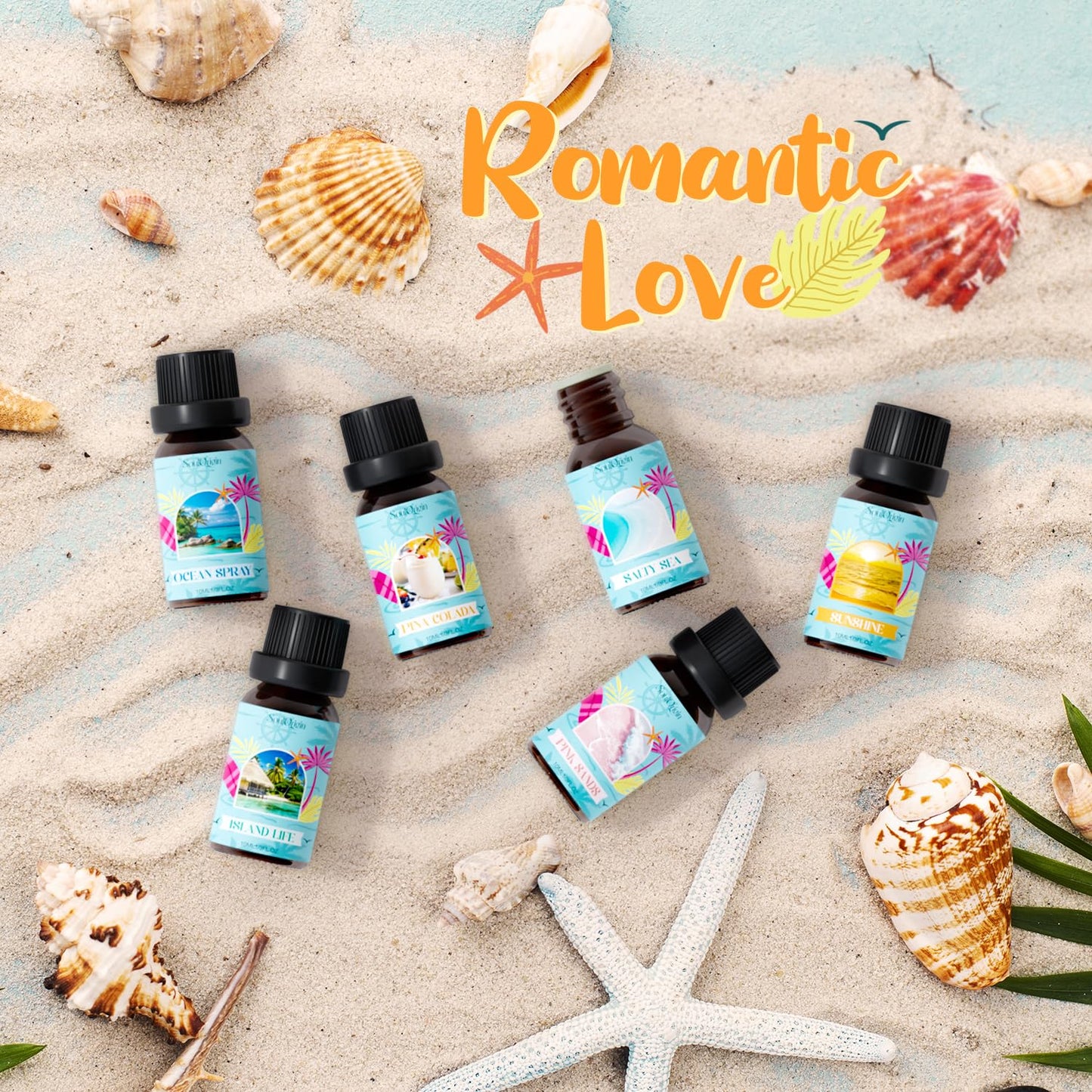 Soulorigin Beach Fragrance Oils Set – Essential Oil Gift for Diffuser (Ocean Spray, Pink Sands, Salty Sea, Pina Colada, Island Life, Sunshine)
