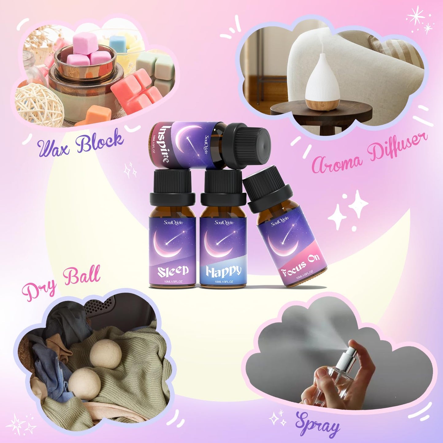 Soulorigin Essential Oil Blends - Sleep, Happy, Breathe, Inspire, Relax & Focus On | Diffuser Oils Gift Kit