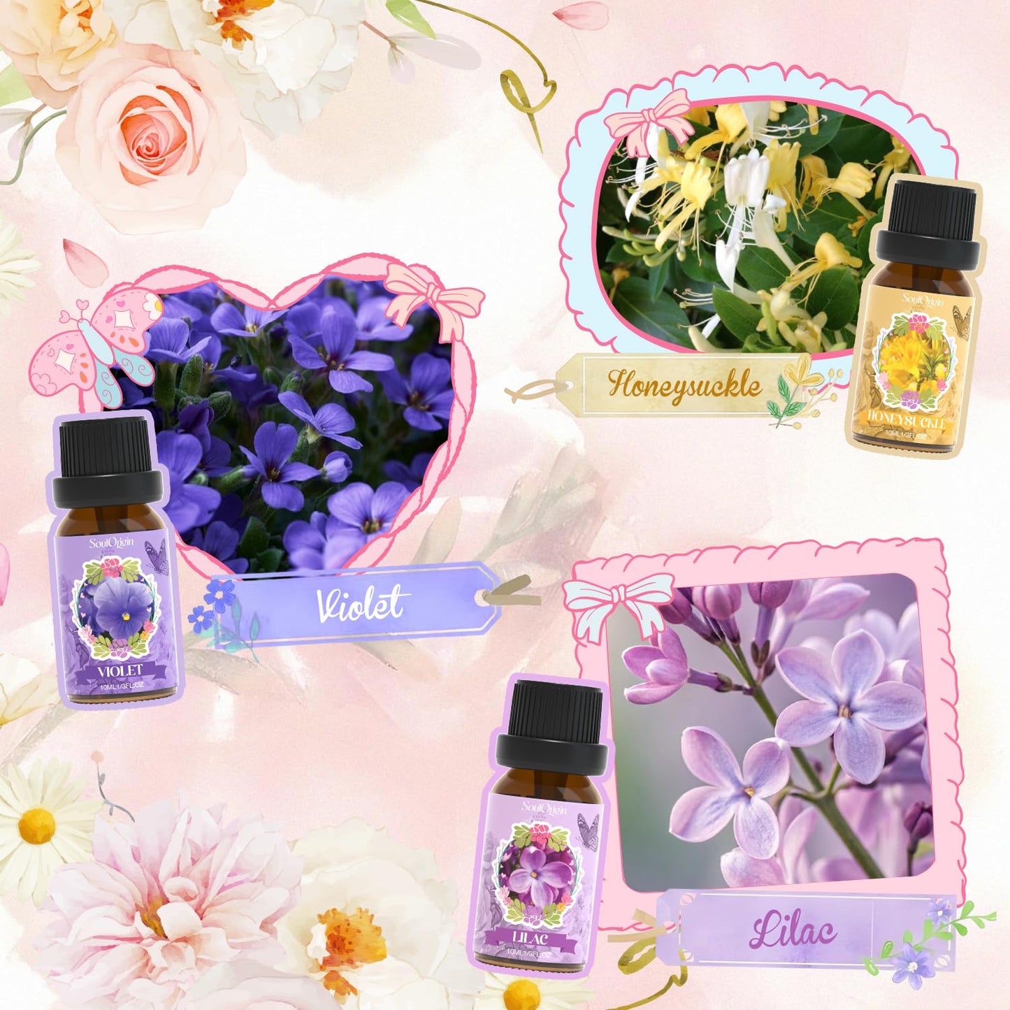 Soulorigin Floral Essential Oils Set – Rose, Gardenia, Jasmine, Honeysuckle, Violet & Lilac