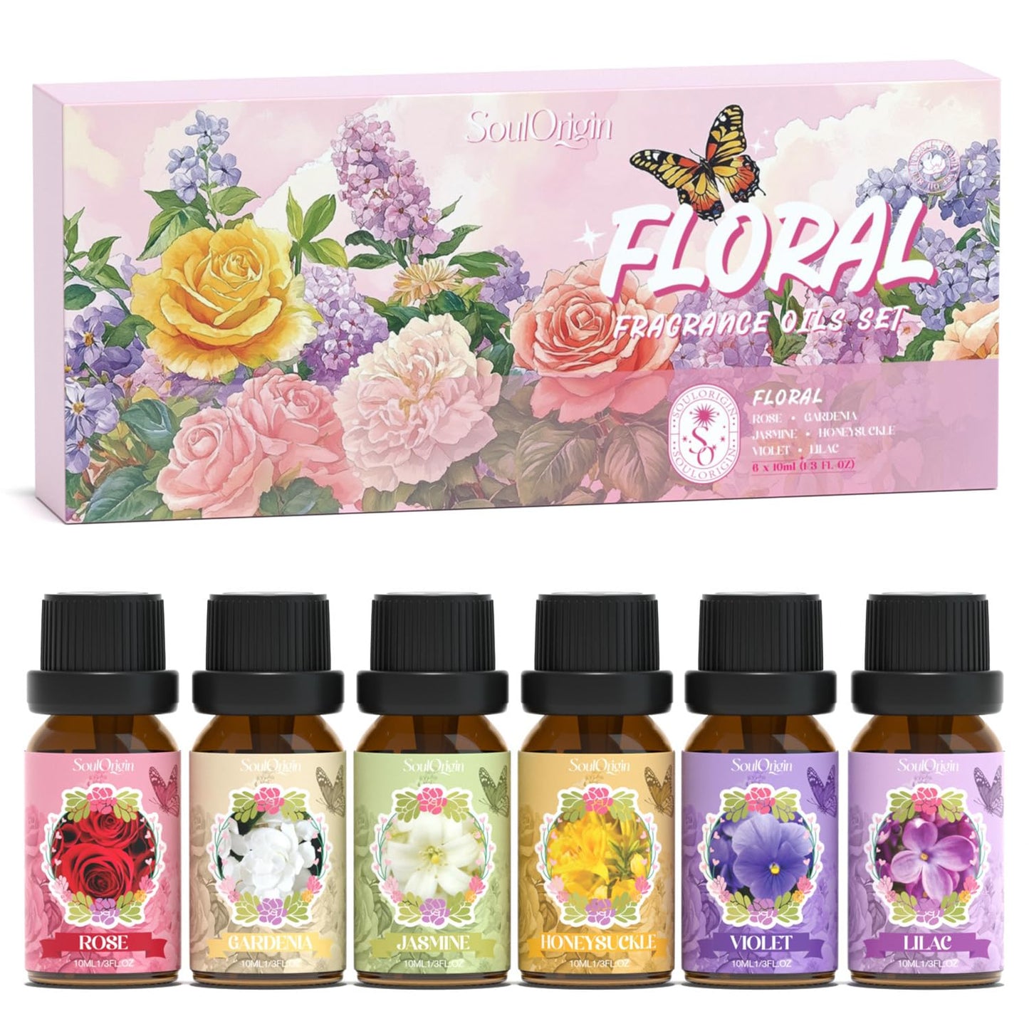Soulorigin Floral Essential Oils Set – Rose, Gardenia, Jasmine, Honeysuckle, Violet & Lilac