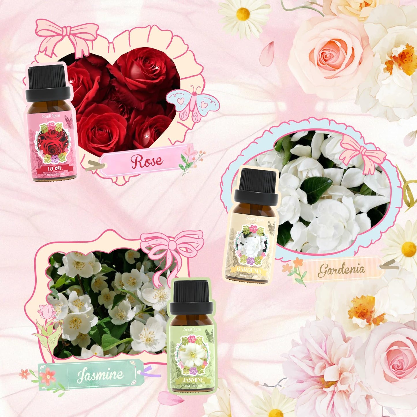 Soulorigin Floral Essential Oils Set – Rose, Gardenia, Jasmine, Honeysuckle, Violet & Lilac