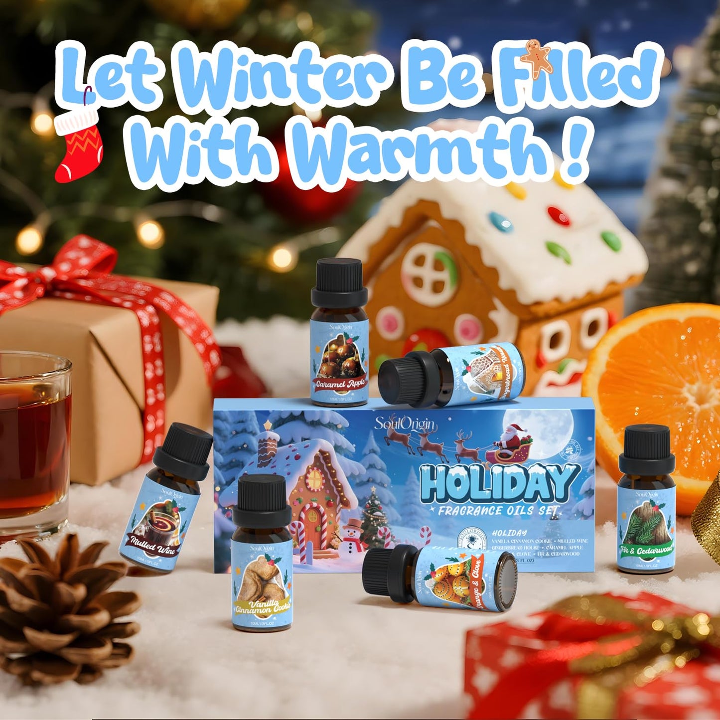 Soulorigin Holiday Essential Oils Set – Diffuser Fragrance & Candle Making (Vanilla Cinnamon Cookies, Caramel Apples, Gingerbread, Fir Cedar, Orange Cloves, Mulled Wine)