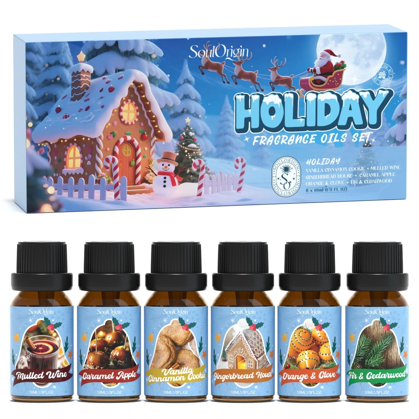 Soulorigin Holiday Essential Oils Set – Diffuser Fragrance & Candle Making (Vanilla Cinnamon Cookies, Caramel Apples, Gingerbread, Fir Cedar, Orange Cloves, Mulled Wine)