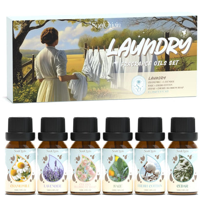 Soulorigin Laundry Fragrance Oils Set – Essential Oil Gift for Diffusers & Dryer Balls (Chamomile, Fresh Cotton, Sage, Cedar, Lavender, Cherry Soap)