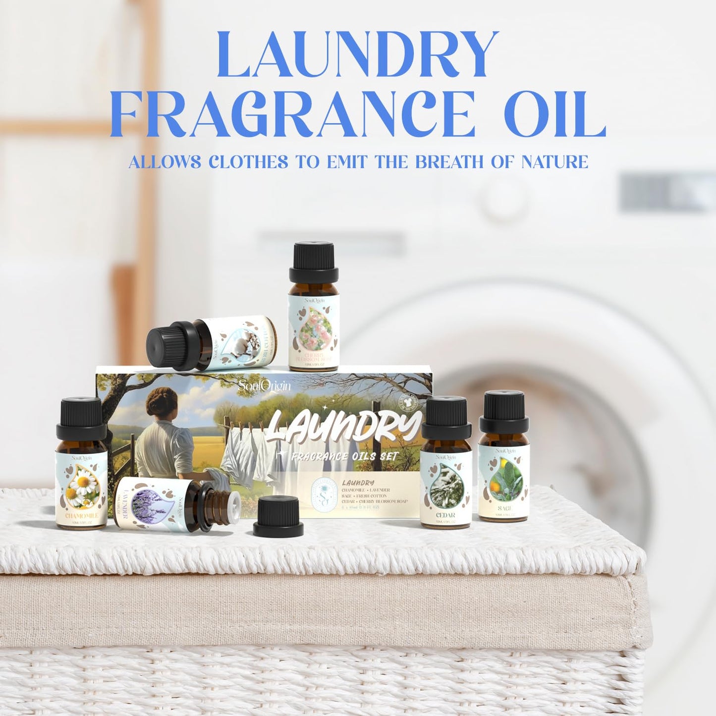 Soulorigin Laundry Fragrance Oils Set – Essential Oil Gift for Diffusers & Dryer Balls (Chamomile, Fresh Cotton, Sage, Cedar, Lavender, Cherry Soap)