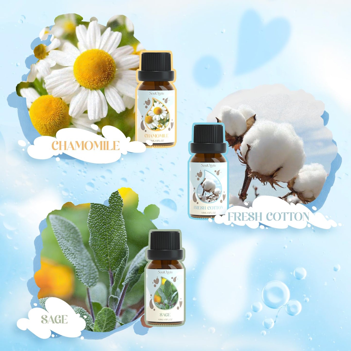 Soulorigin Laundry Fragrance Oils Set – Essential Oil Gift for Diffusers & Dryer Balls (Chamomile, Fresh Cotton, Sage, Cedar, Lavender, Cherry Soap)
