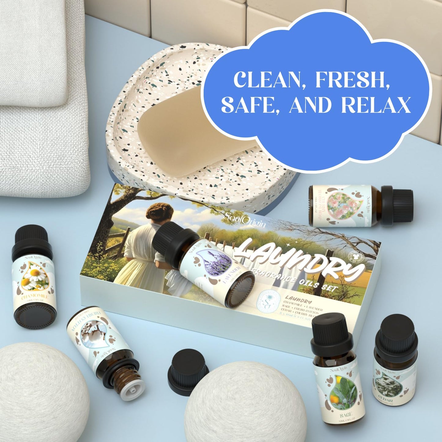 Soulorigin Laundry Fragrance Oils Set – Essential Oil Gift for Diffusers & Dryer Balls (Chamomile, Fresh Cotton, Sage, Cedar, Lavender, Cherry Soap)