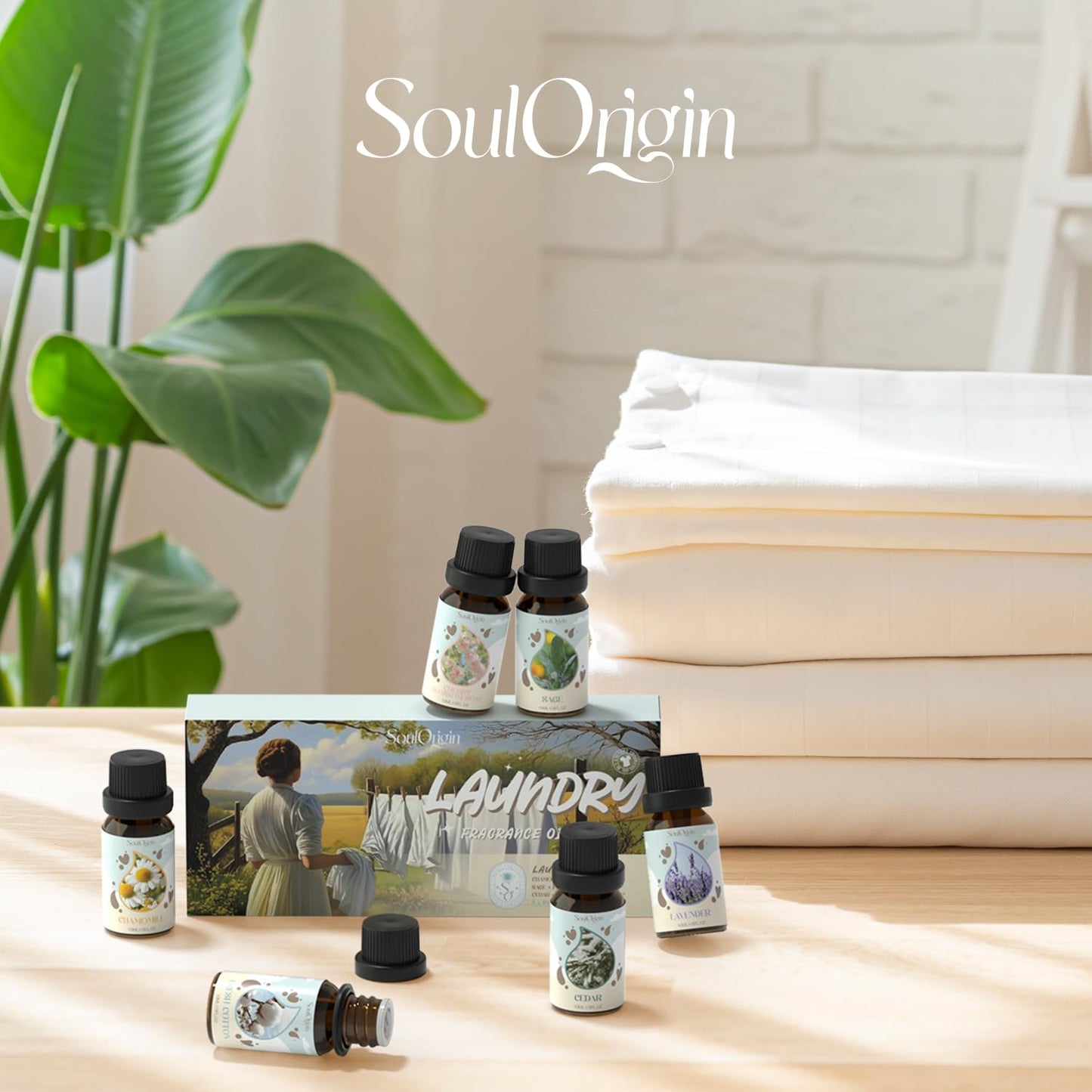 Soulorigin Laundry Fragrance Oils Set – Essential Oil Gift for Diffusers & Dryer Balls (Chamomile, Fresh Cotton, Sage, Cedar, Lavender, Cherry Soap)