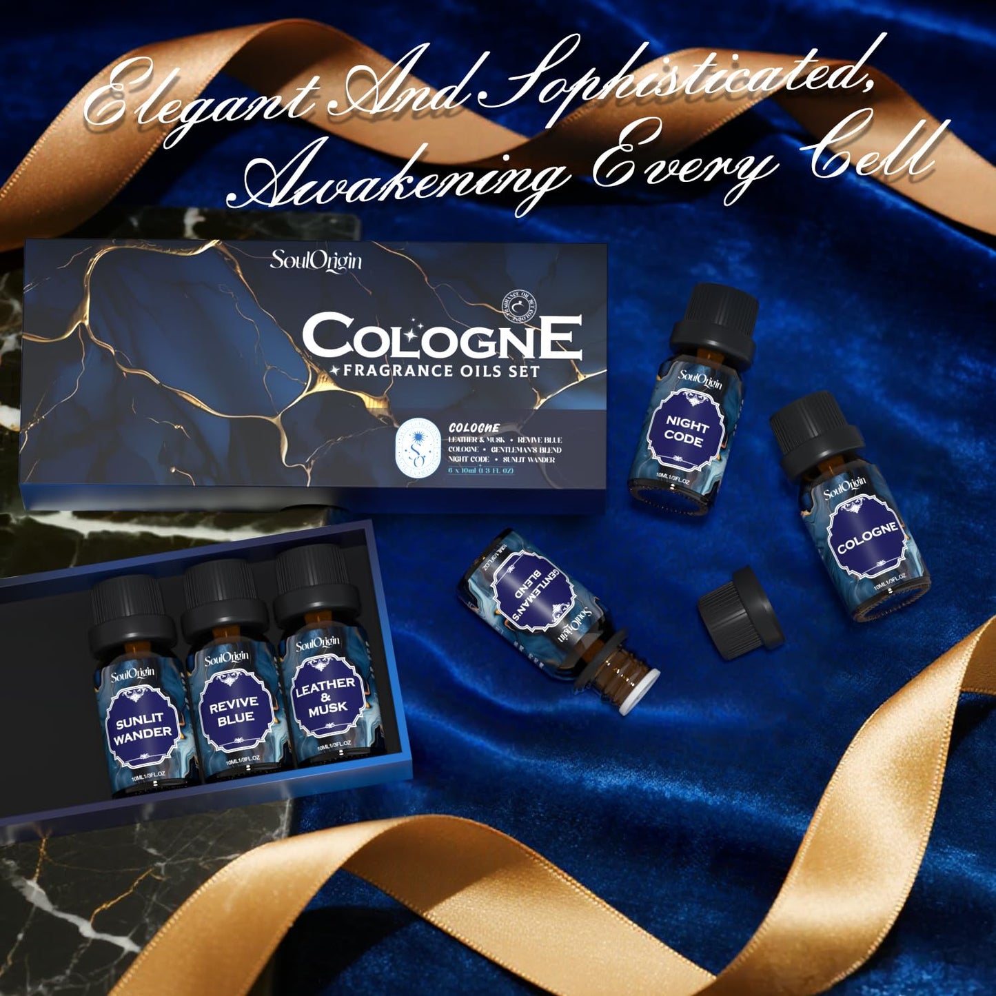 Soulorigin Cologne Fragrance Oils Set – Leather & Musk, Revive Blue, Sunlit Wander, Gentleman's Blend, Night Code, Cologne