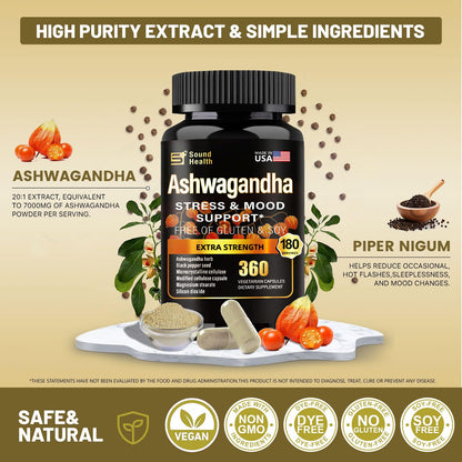 SoundHealth Ashwagandha Capsules – 7000mg per Serving | Immune & Hormone Support | 360 Caps