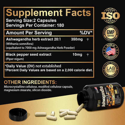 SoundHealth Ashwagandha Capsules – 7000mg per Serving | Immune & Hormone Support | 360 Caps