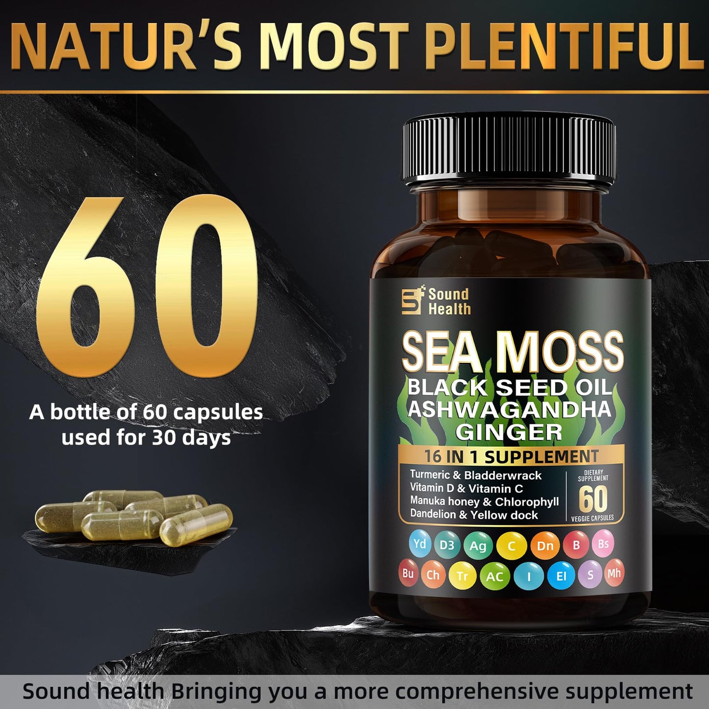 SoundHealth Wild Organic Irish Sea Moss & Shilajit – 2 Bottles, 60 Capsules Each