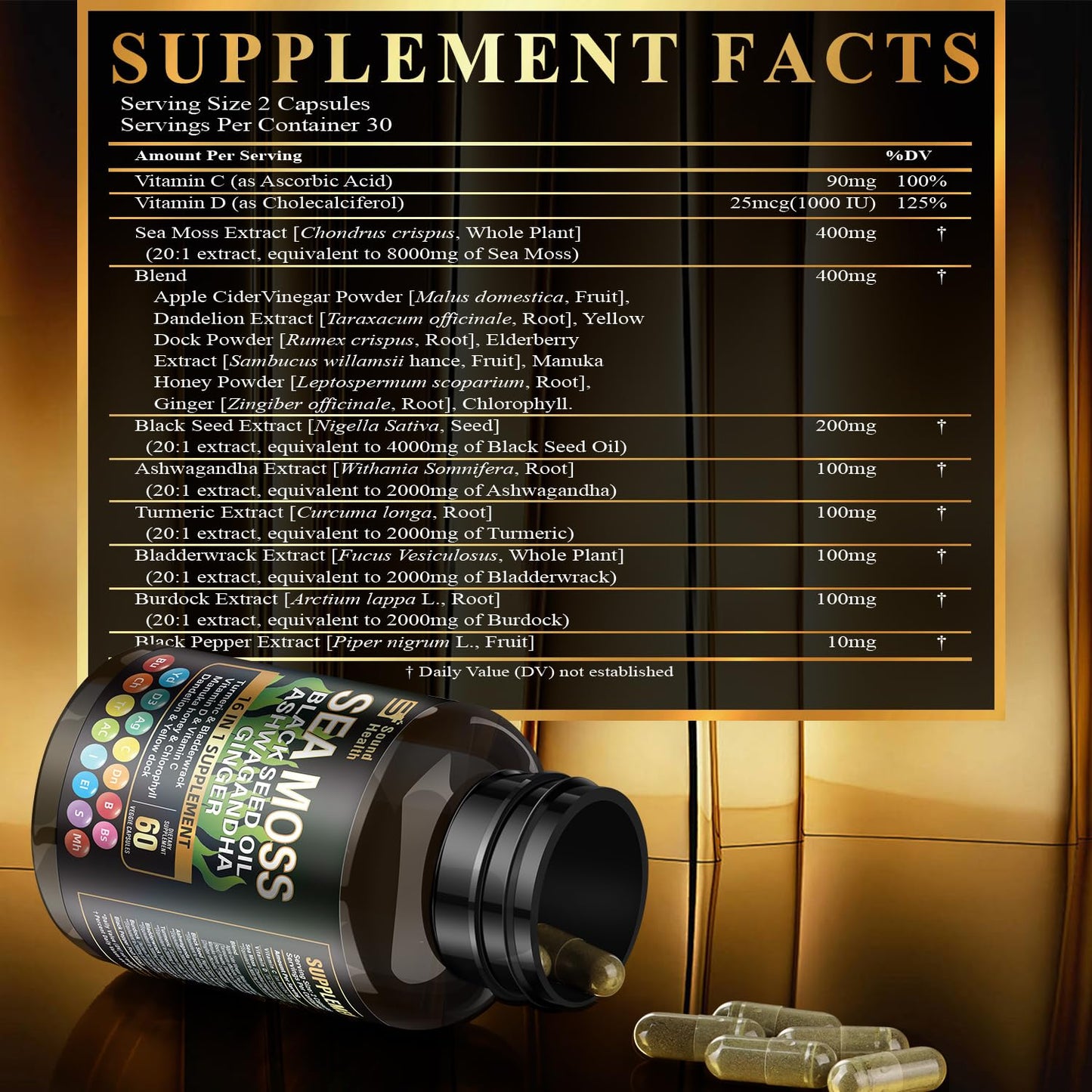 SoundHealth Sea Moss Capsules – 8000mg Sea Moss, 4000mg Black Seed, 2000mg Ashwagandha, Turmeric & Burdock, Vitamin C & D3 (30 Days)