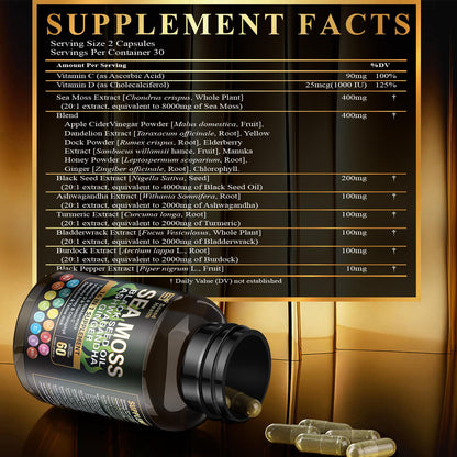 SoundHealth Sea Moss Capsules – 8000mg Sea Moss, 4000mg Black Seed, 2000mg Ashwagandha, Turmeric & Burdock, Vitamin C & D3 (30 Days)