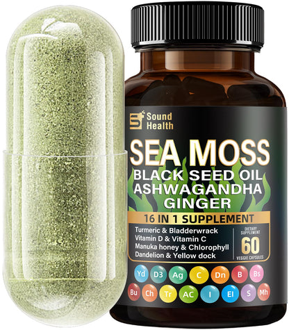 SoundHealth Sea Moss Capsules – 8000mg Sea Moss, 4000mg Black Seed, 2000mg Ashwagandha, Turmeric & Burdock, Vitamin C & D3 (30 Days)
