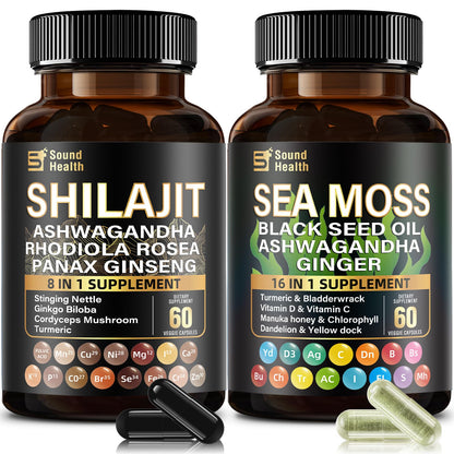 SoundHealth Wild Organic Irish Sea Moss & Shilajit – 2 Bottles, 60 Capsules Each
