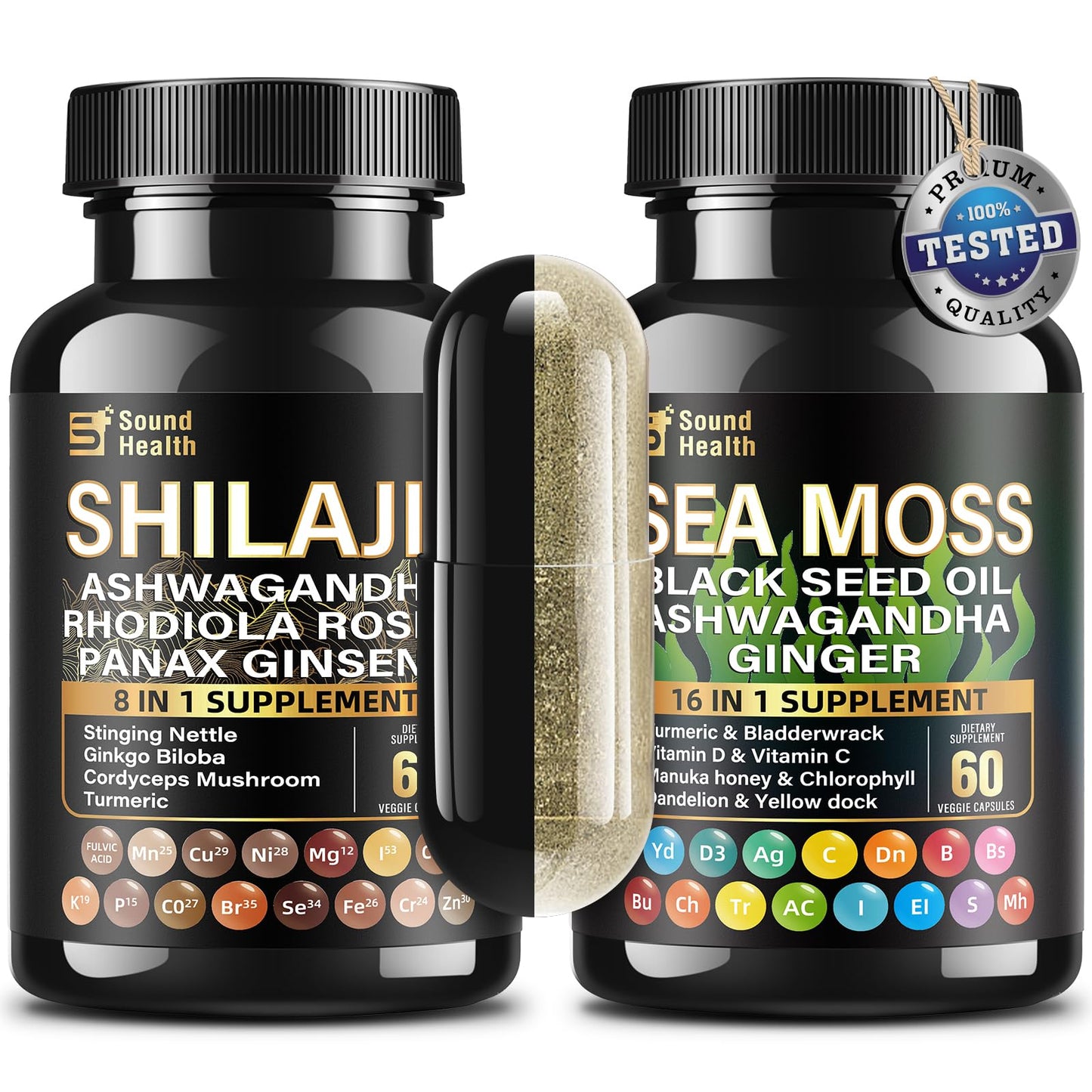 SoundHealth Wild Organic Irish Sea Moss & Shilajit – 2 Bottles, 60 Capsules