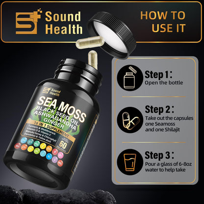 SoundHealth Wild Organic Irish Sea Moss & Shilajit – 2 Bottles, 60 Capsules