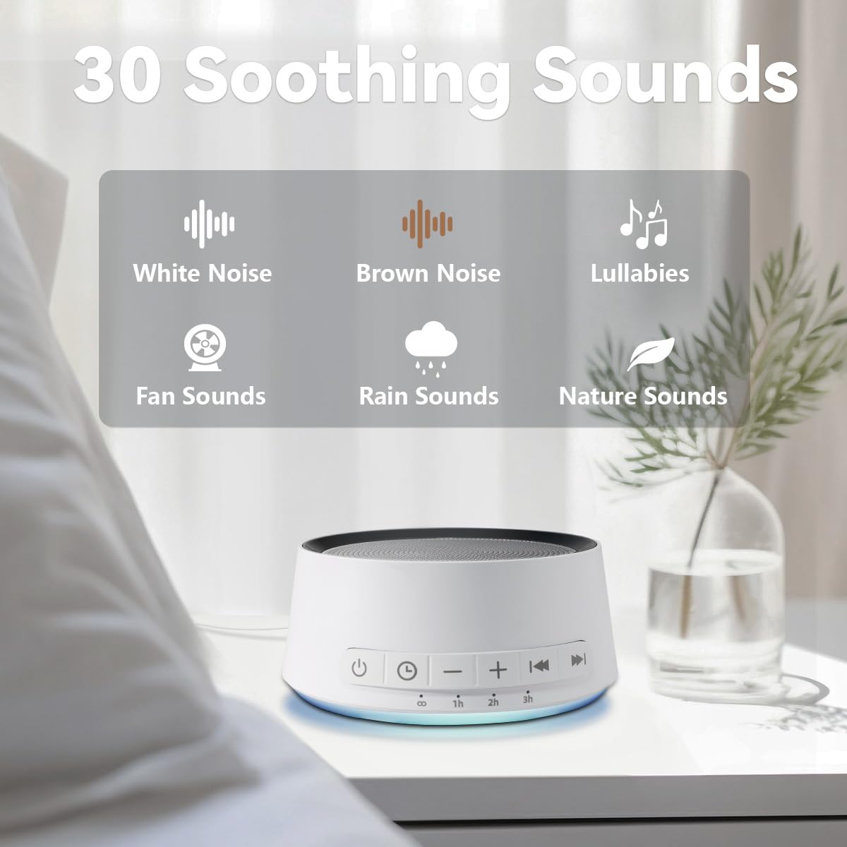 SoundMe Sound Machine — White Noise with 30 Sounds, 12-Color Night Light, 32 Volume Levels for Sleep, Office, Travel