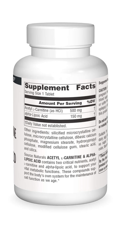 Source Naturals Acetyl L-Carnitine & Alpha-Lipoic Acid 650mg - 120 Tablets