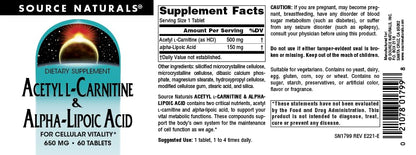 Source Naturals Acetyl L-Carnitine & Alpha-Lipoic Acid, for Cellular Vitality*, 650mg - 60 Tablets